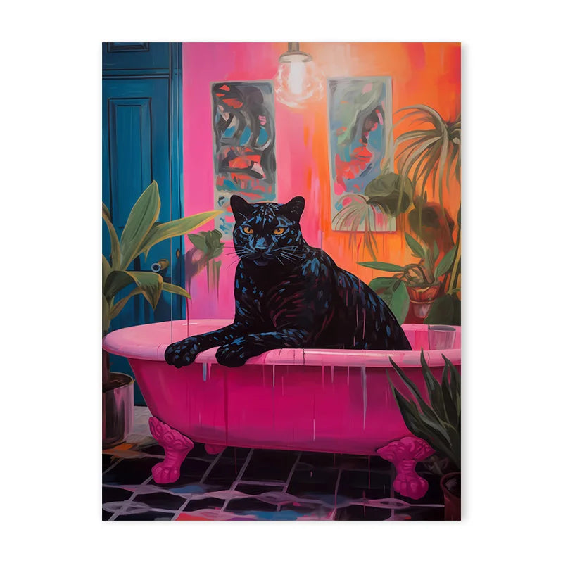 Colorful Bathtub Animal Tiger Zebra Black Cat Aesthetic Canvas Painting Nordic Bathroom Wall Art Poster Living Room Home Decor