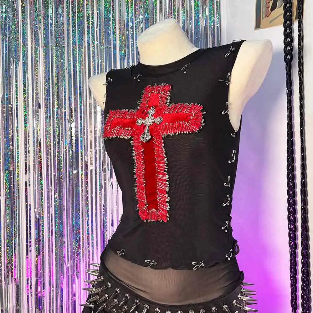 Harajuku Y2K TOPS Pin E-Girls Club Wear Rave Outfits Cross Emo