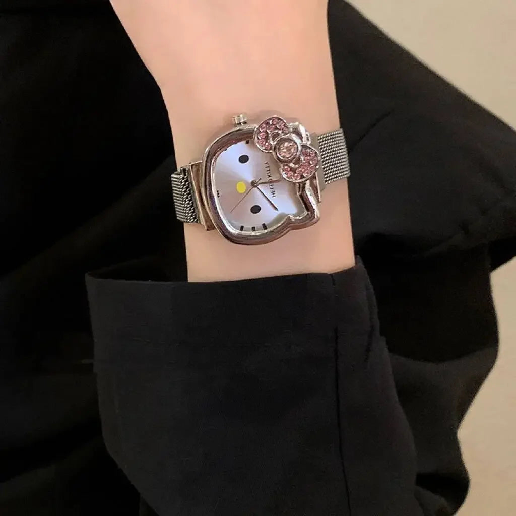 Sanrio Anime Hello Kitty Bow Set Diamond Watch Fashion Quartz Watch Cute Cartoon Magnet Small Dial Watch Girl Birthday Gift