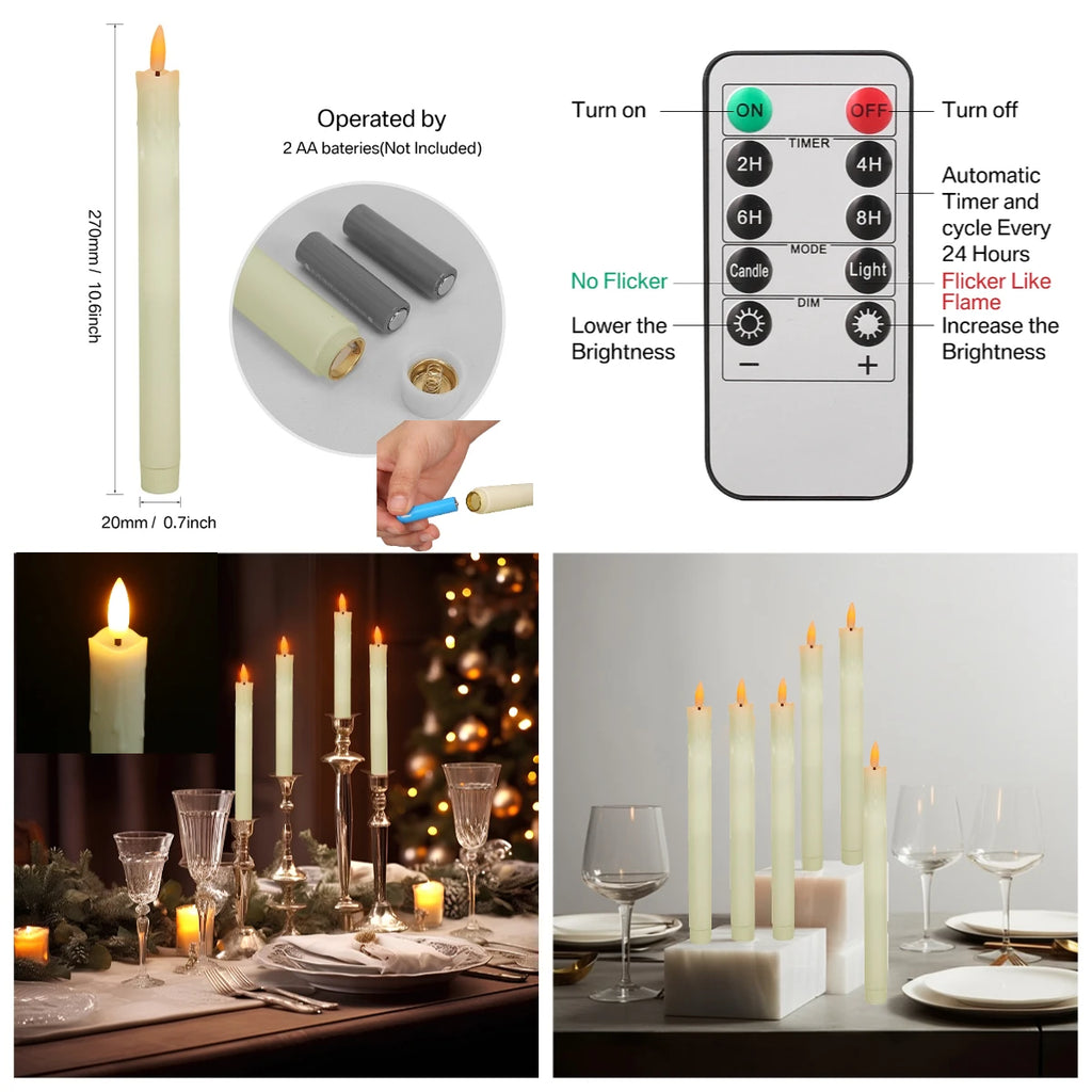 LED Flameless Taper Candles 6.5/11" Battery Operated Fake Flickering Candlesticks Electric Long Candles for Wedding Home Decor