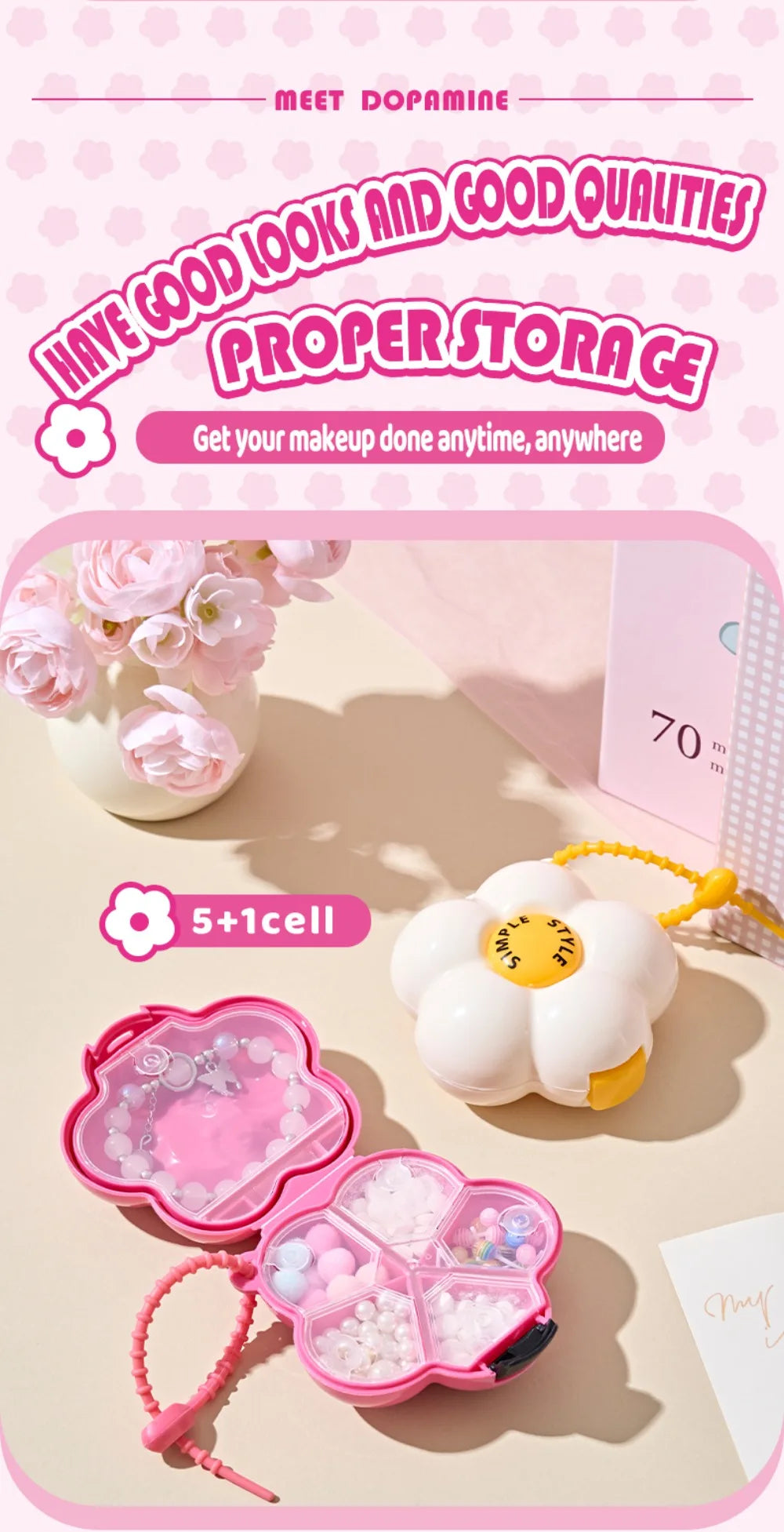 Cute Flowers Storage Box Pendant Dopamine with Dividers Jewelry Case Waterproof Plastic Medicine Box Travel