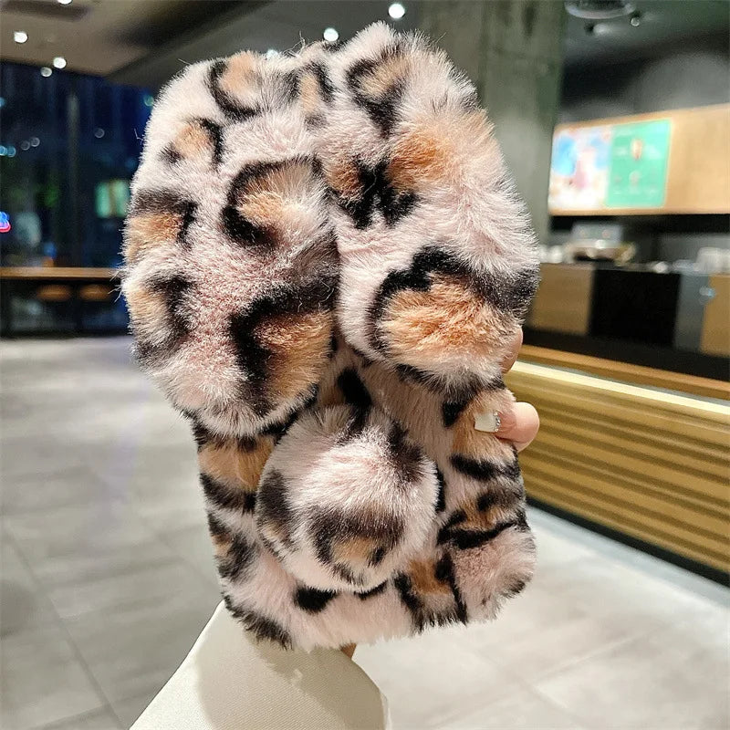 Cute Cartoon Leopard Print Bunny Fur Plush Phone Case For iPhone 17 Air 16 13 12 11 Pro Max XS XR X 7 8 Plus Shockproof Cover