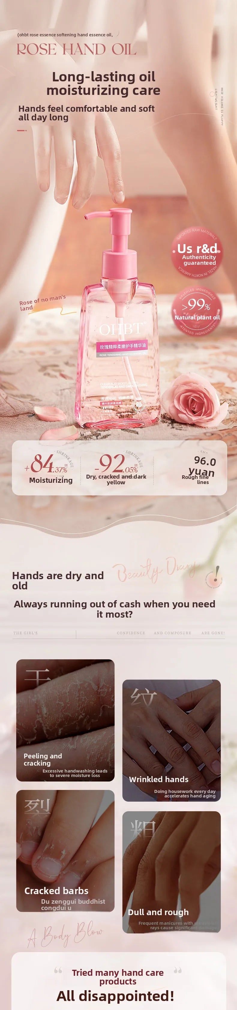 OHBT Moisturing Hand Care Oil, 150ml Rosehip Oil  Smooth Skin Care Essence, Whitening Nourish Hand Care Water
