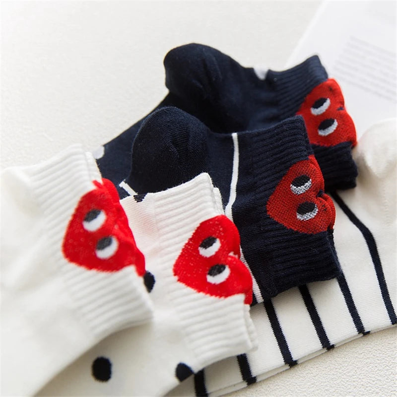 Fashion Women Kawaii 3D Heart Ear Socks Cute Simple Fresh Female Sokken With Stripes Dots Stars Big Eyes 3D Love Heart Heel