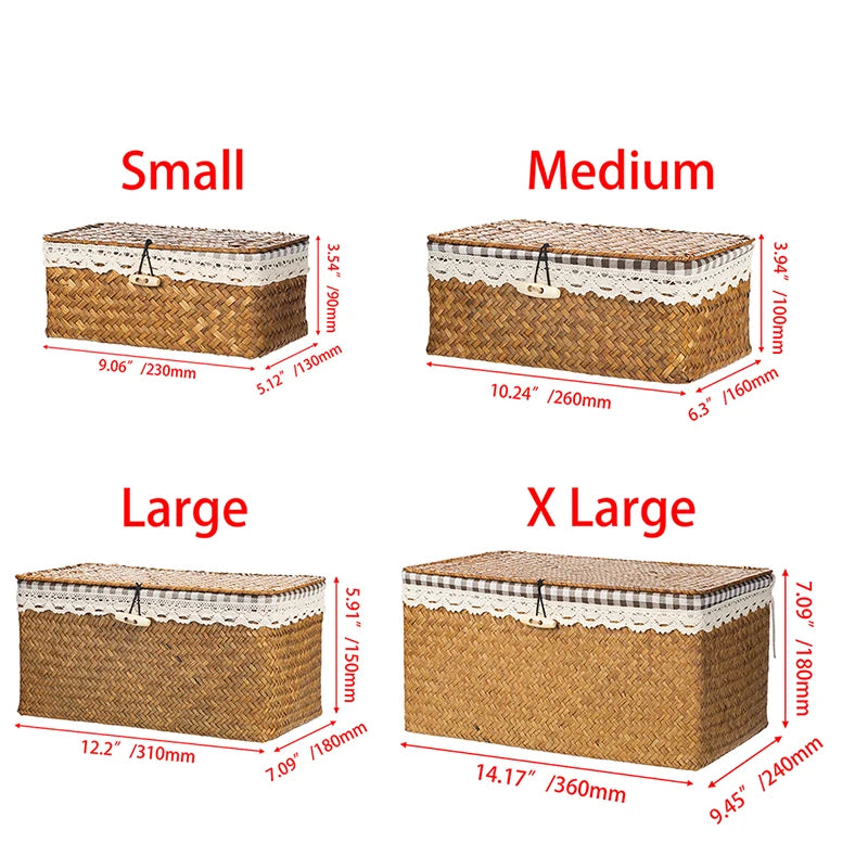 Wicker Basket with Lids Nautral Seagrass Storage Box Basket Woven Rectangular Bins Container Rattan Storage Kitchen Organizer