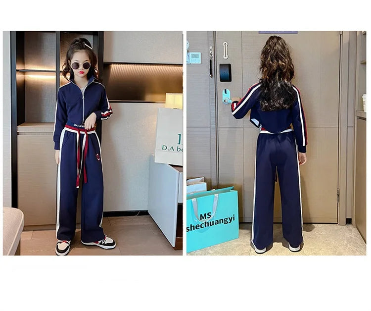 Spring Autumn Girl Striped Cropped Full Zip Sweatshirt+Loose Drawstring Sweatpant Set School Kids Tracksuit Child Outfit 3-16Yrs
