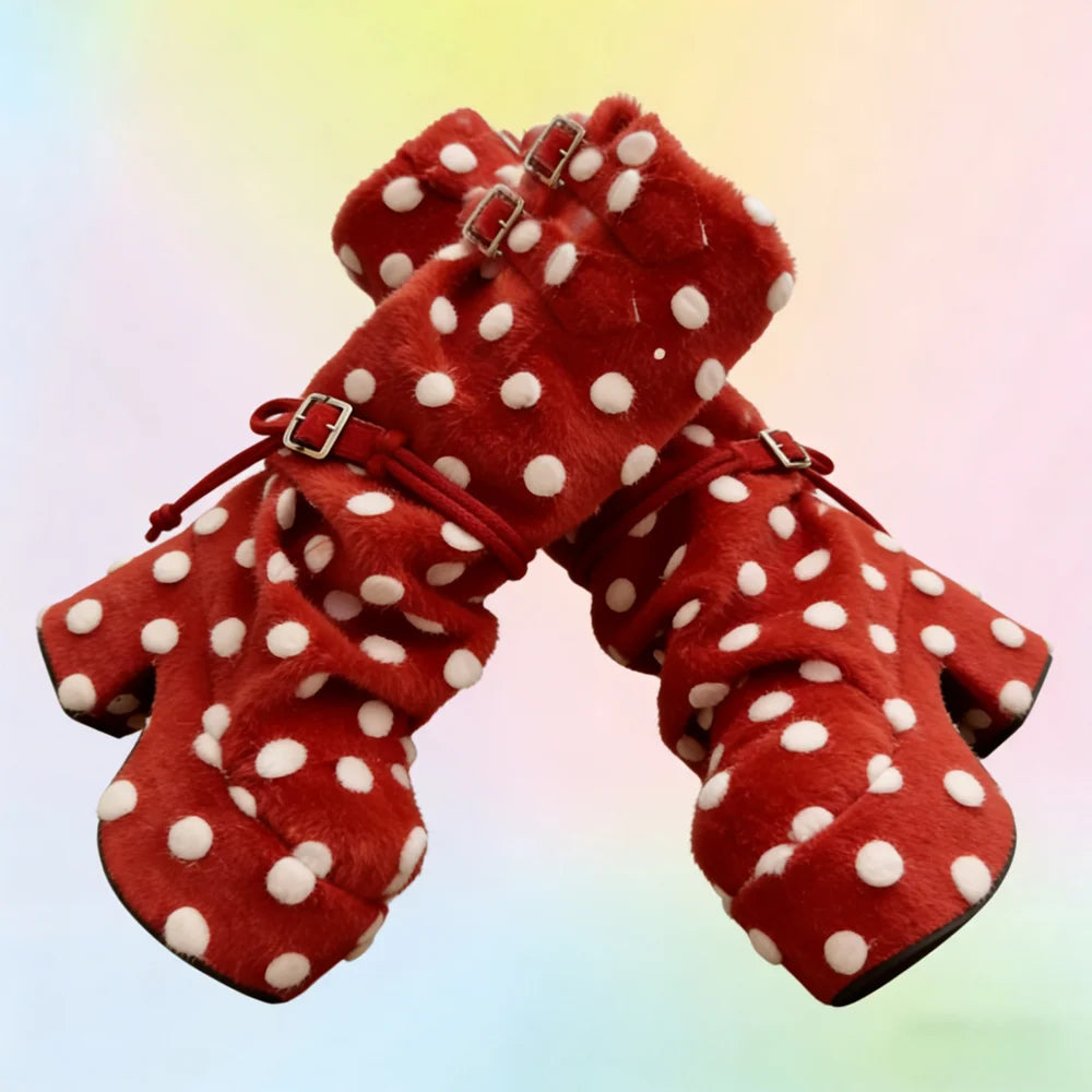 Red Side Belt Pleated Round Toe Boots Round Shape Decor Women