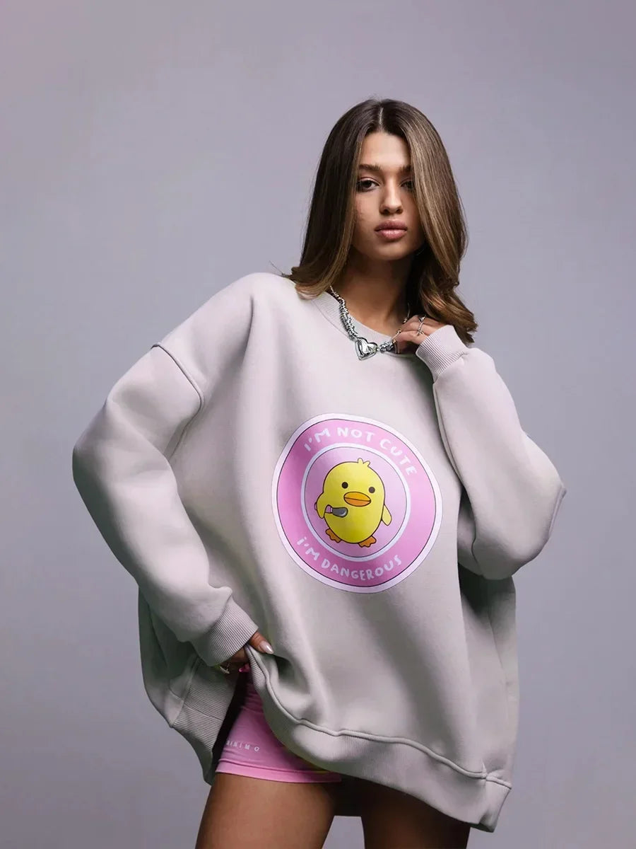 Bornladies Women's Loose Round Neck Sweatshirt Oversized Chic Printing Hoodies Casual Autumn Winter Warm Female Trendy PulloverT