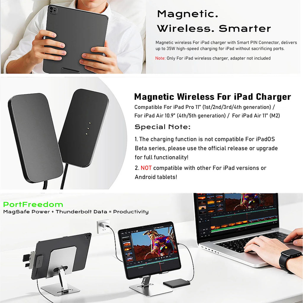 For iPad Pro Magnetic Wireless Charger Aluminum Alloy Fast Charging Smart Chargers With 2m Cord For iPad Pro 13"/11"/12.9"/10.9"