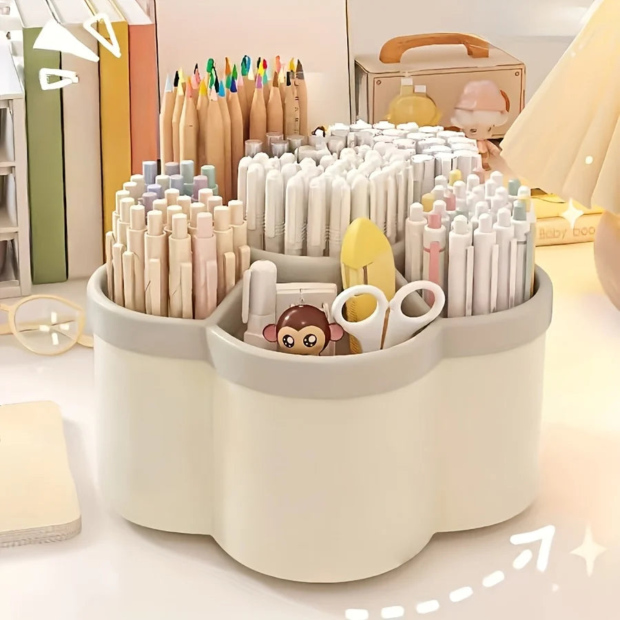 360° Rotating Desk Organizer, 6-Compartment Desktop Pen Holder, Plastic Office Supplies Storage Box for Desk, School and Home