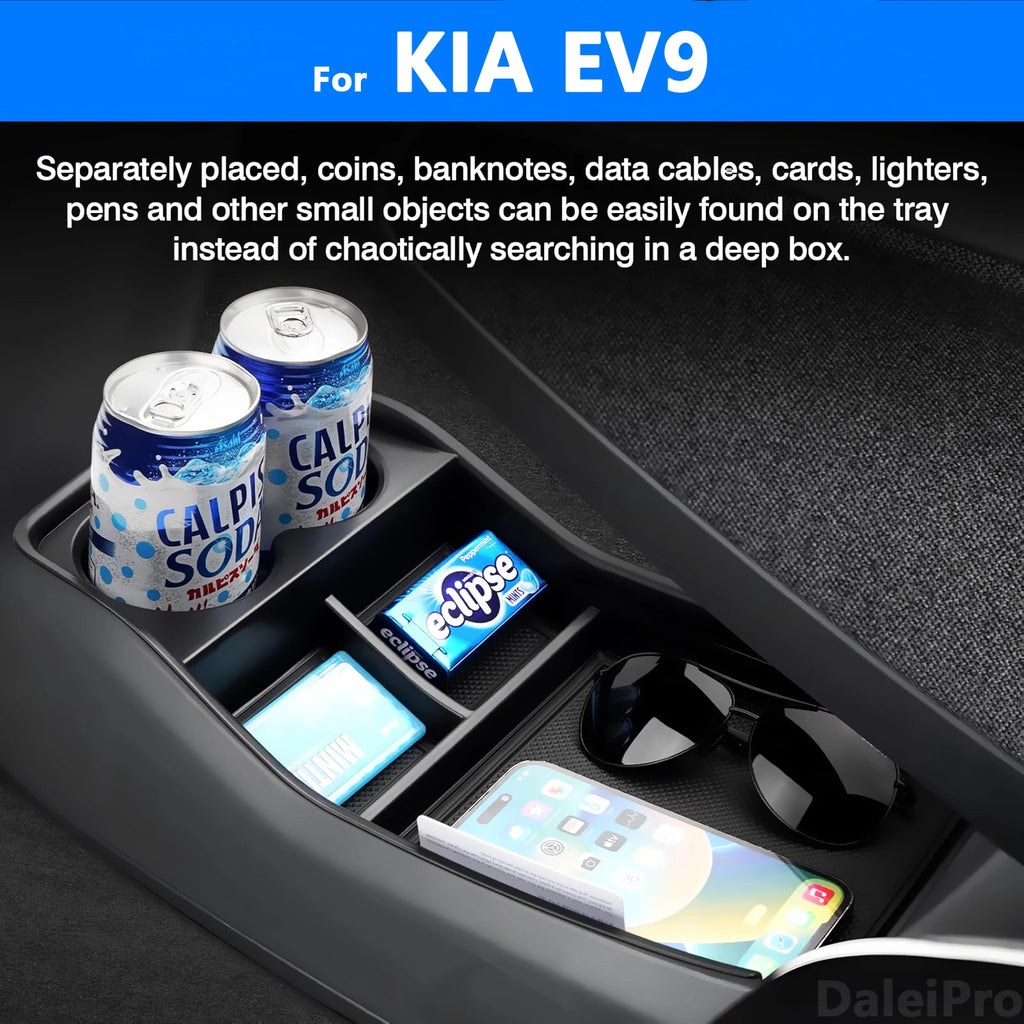 Car Armrest Storage Box Lower Center Console Organizer Cup Holder Storage Box Wireless Charger Panel Mat For KIA EV9 2024 2025