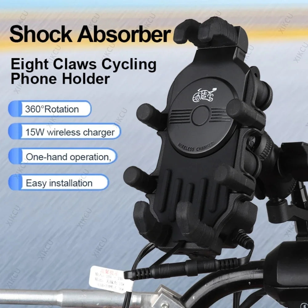 15W Wireless Charger 33W Type C Port Motorbike Bike Cellphone Bracket Octopus Shockproof Phone Holder Motorcycle Bicycle Stand