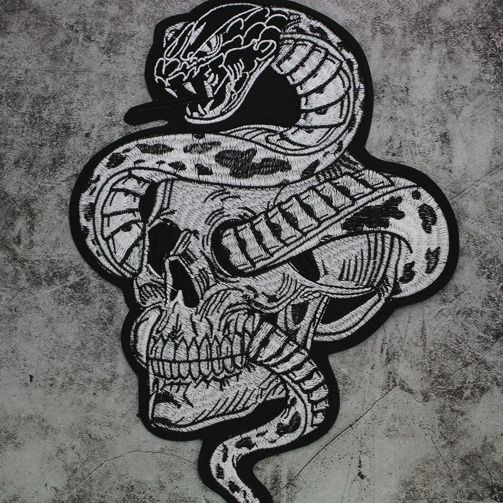 Large Skull Snake flower Biker Patches Iron on Embroidery Back Applique Jackets DIY Motorcycle Patch for Clothing Punk  Badge