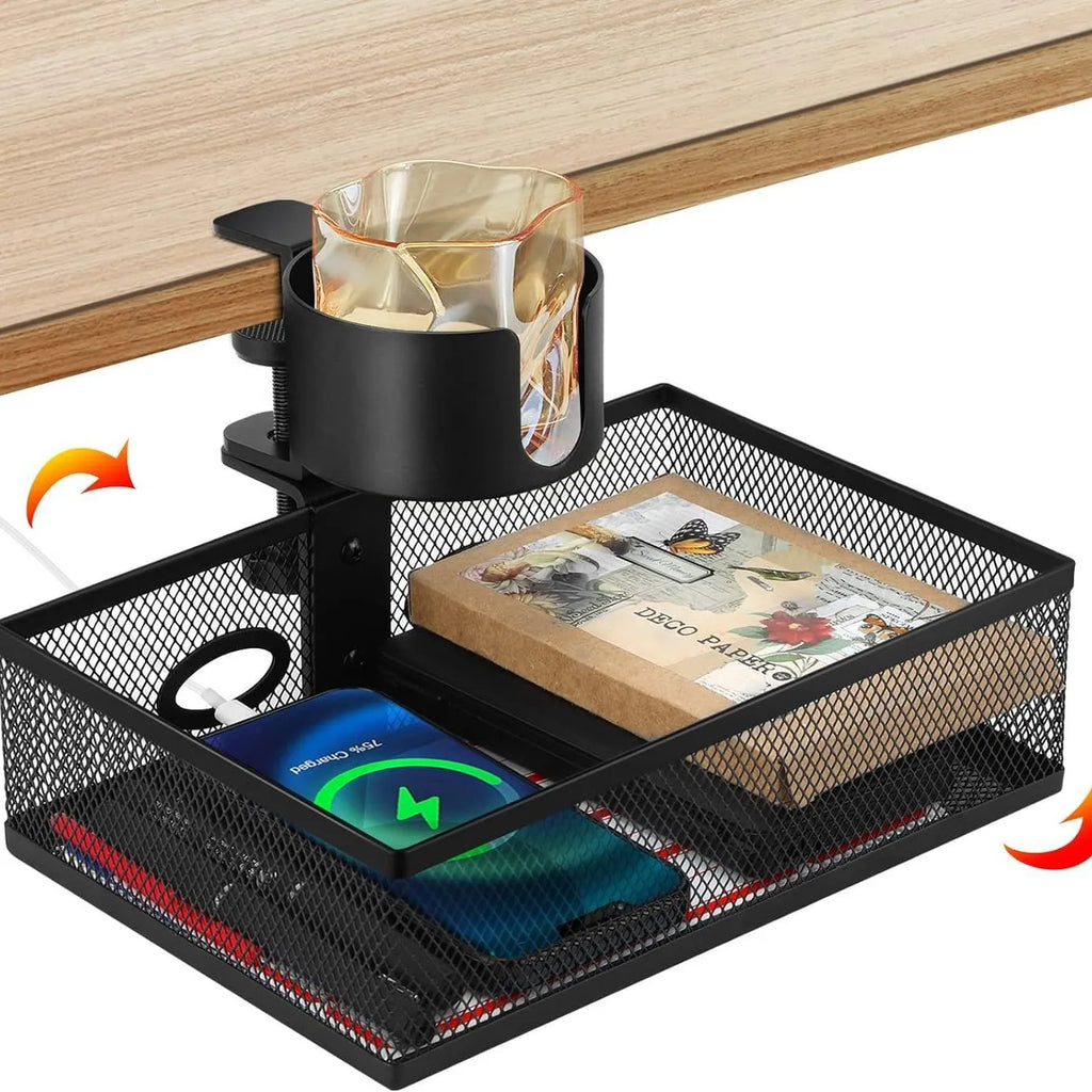 Mesh Desk Organizer with Clamp-on Swivel Pencil Drawer, having a hidden, sturdy C-Clamp mount system and easy installation.