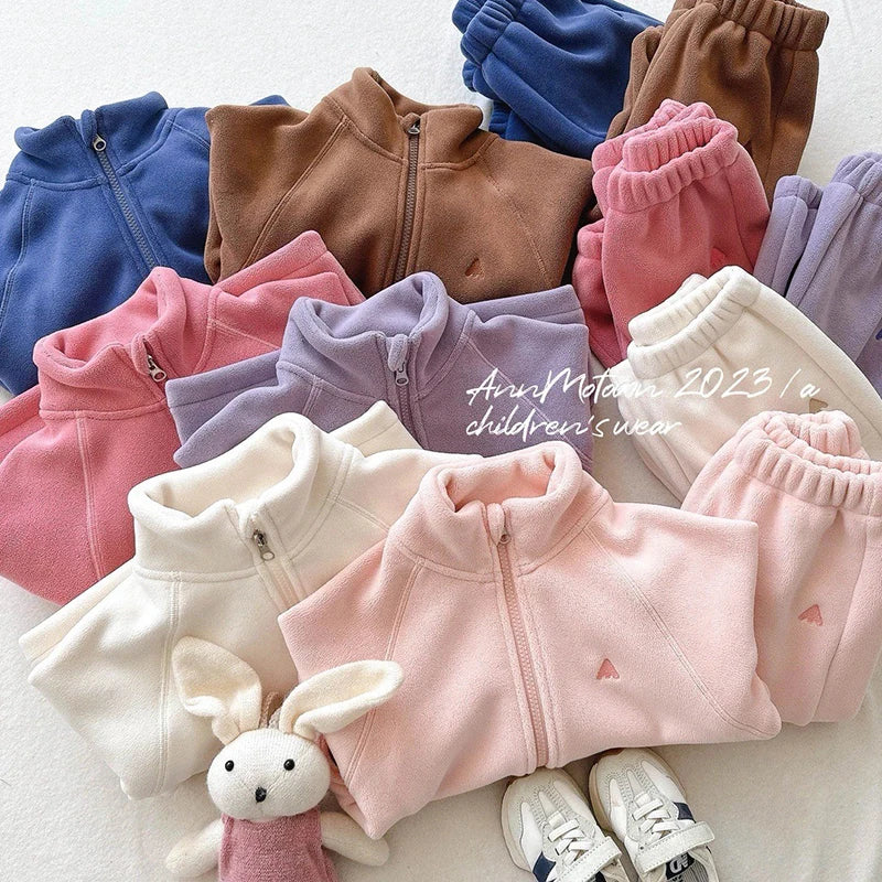 Children's Polar Fleece Suit Zipper Tracksuit Set for Boy Girl Baby Clothes Fall Winter Insulated Sweatshirt Pants Sportwear