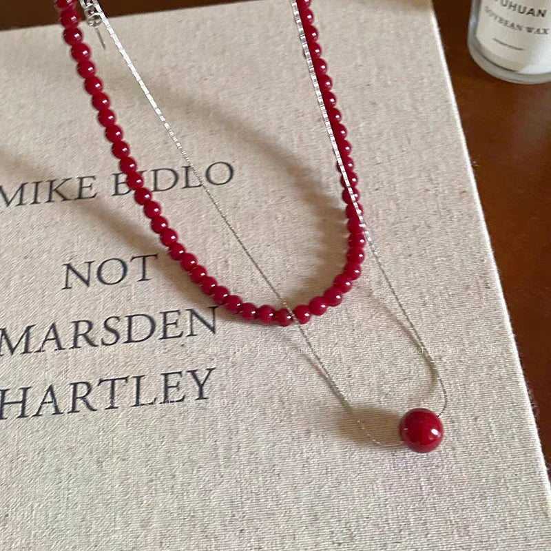 Vintage Red Beaded Necklaces For Women Chinese Style Glass Beads Necklace Exquisite Elegant Choker Aesthetic Jewelry Accessories