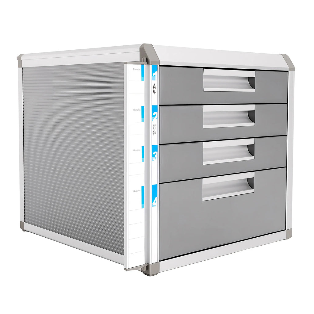 4 Layers Locking Drawer Cabinet Desk Organizer, Home Office Desktop File Storage Box,  Locking Storage Cabinet, Aluminum Alloy