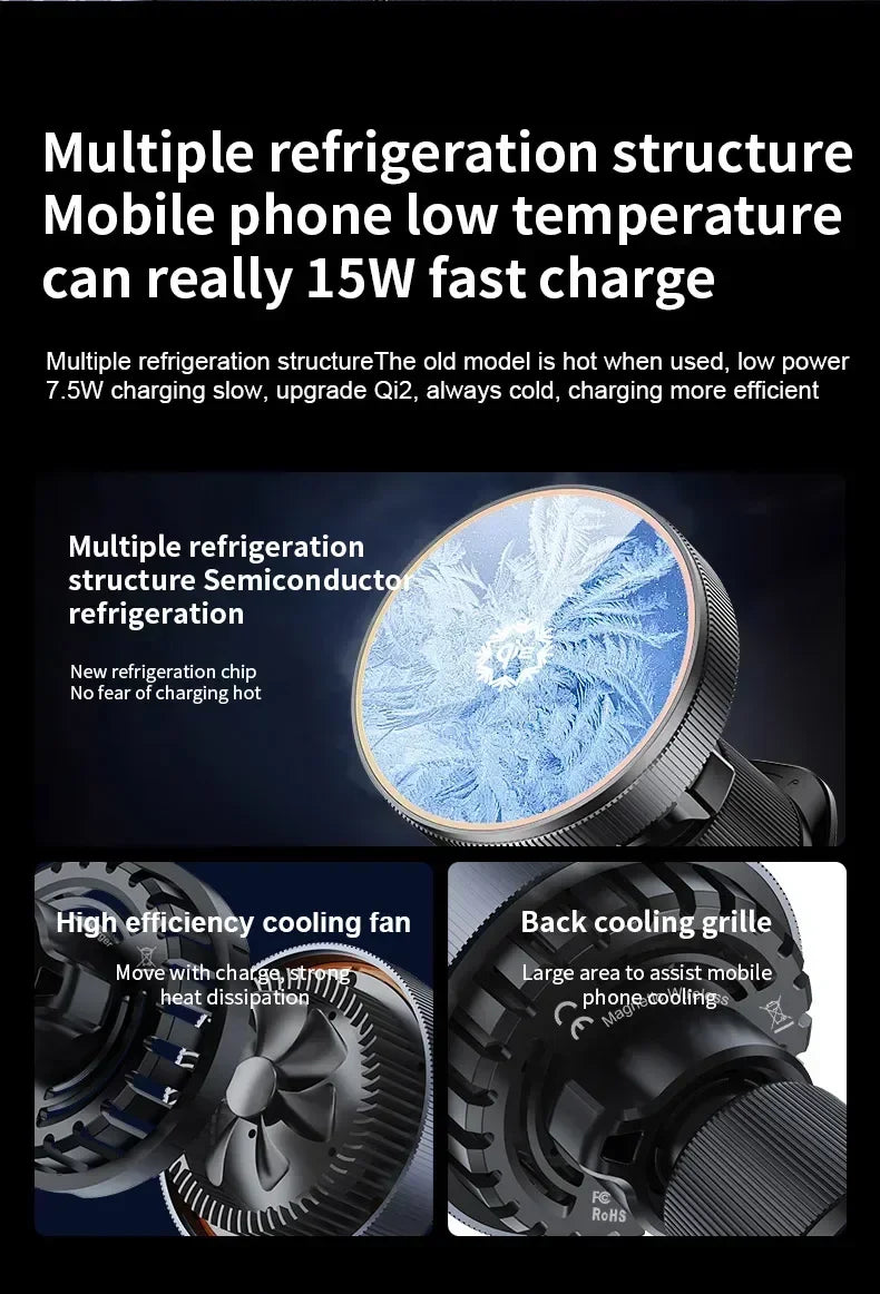 QI2 Real 15W Magnetic Car Wireless Charger Cooling RGB Light Clip Holder For Magsafe iPhone 16 15 14 13 12 Pro Max Fast Charging