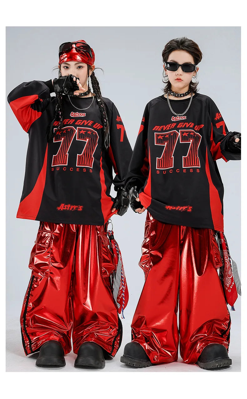 Boys Hip Hop Sweatshirt Shiny Vest Street Dance Cargo Pants Girls K-pop Clothes Set Kids Jazz Red Costumes Children Streetwear