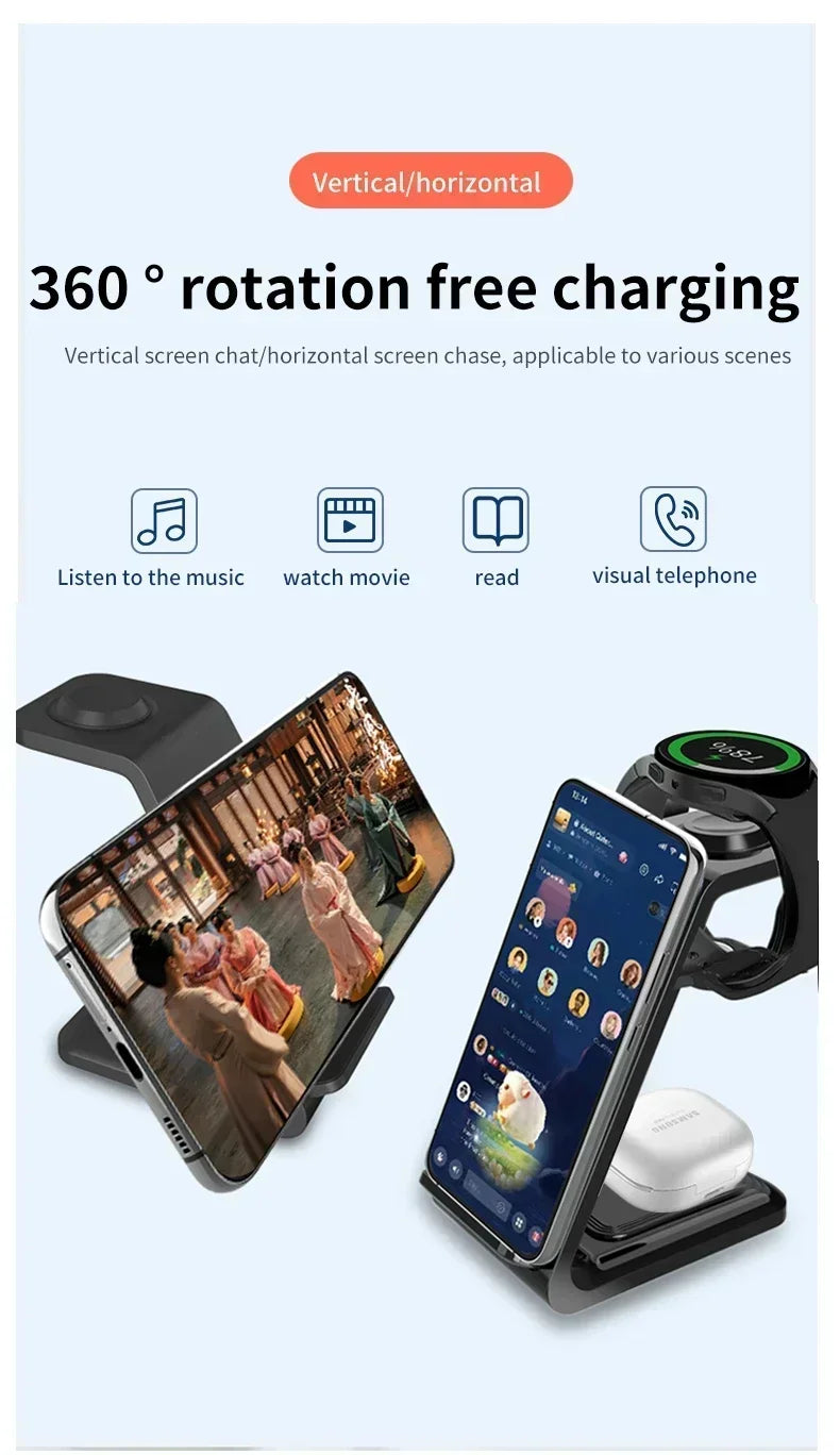 VIKEFON Fast Wireless Charger Stand For iPhone 16-12 Samsung S20 S21 Apple Watch 8/7 Samsung Galaxy 6/5 Charging Station