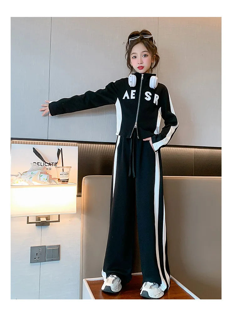 Girls Patchwork Alphabet 2-Way Zip Sweatshirt Jacket+Sweatpant Workout Set School Kids 2PCS Tracksuit Child Jogger Outfit 7-16Yr