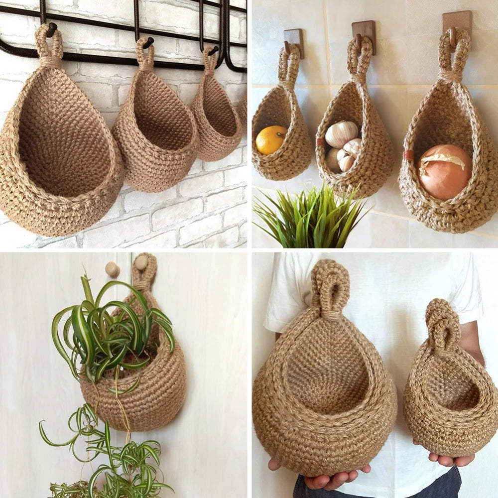 Handwoven Hanging Wall Vegetable Fruit Basket Organizer Container Decor for Kitchen Garden Mount Wall Plant Flower Onion Storage
