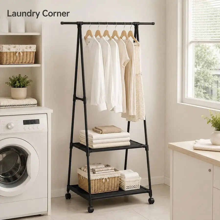 A-Frame Rolling Clothes Rack With 2 Storage Shelves