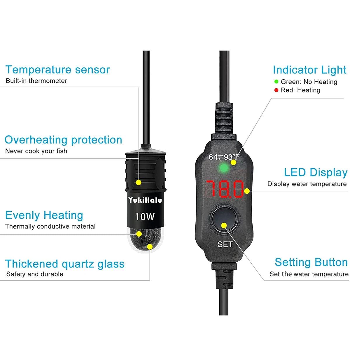 10W Adjustable Aquarium Heater Rod 18-34°C Mini USB Submersible Thermostat Heater with Digital Display for 1 to 5L Fish Tanks