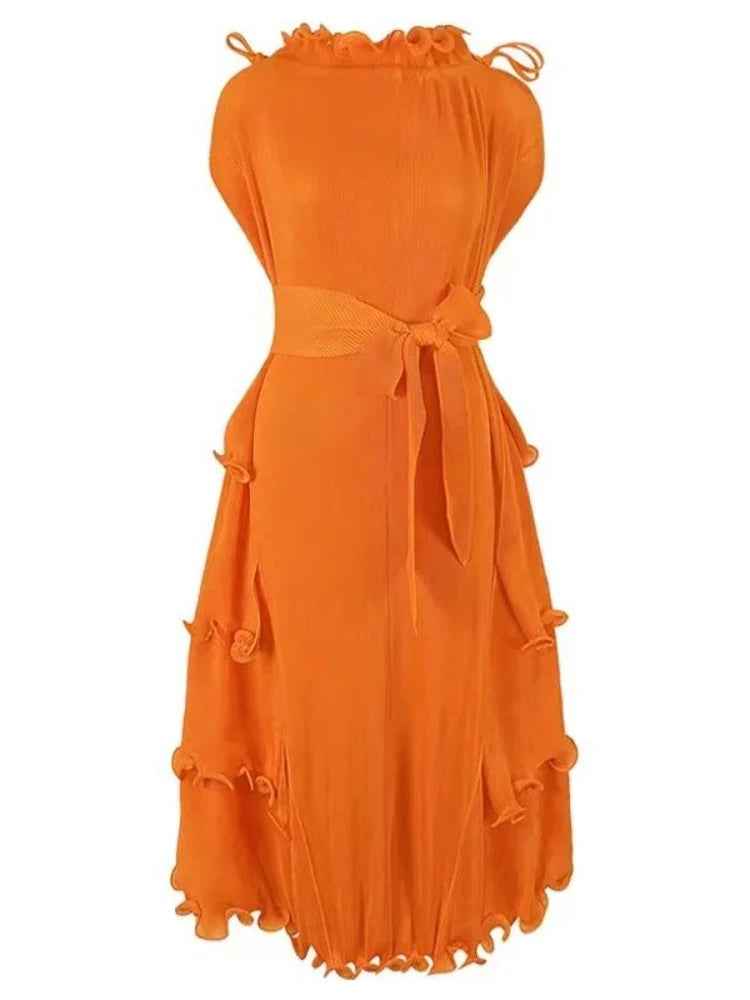 EGRM 2026 New Miyake Pleated Women Dress Solid Agaric Lace Bottom Skirt with Belt Loose Fashion Female Clothing Summer 8RM2715