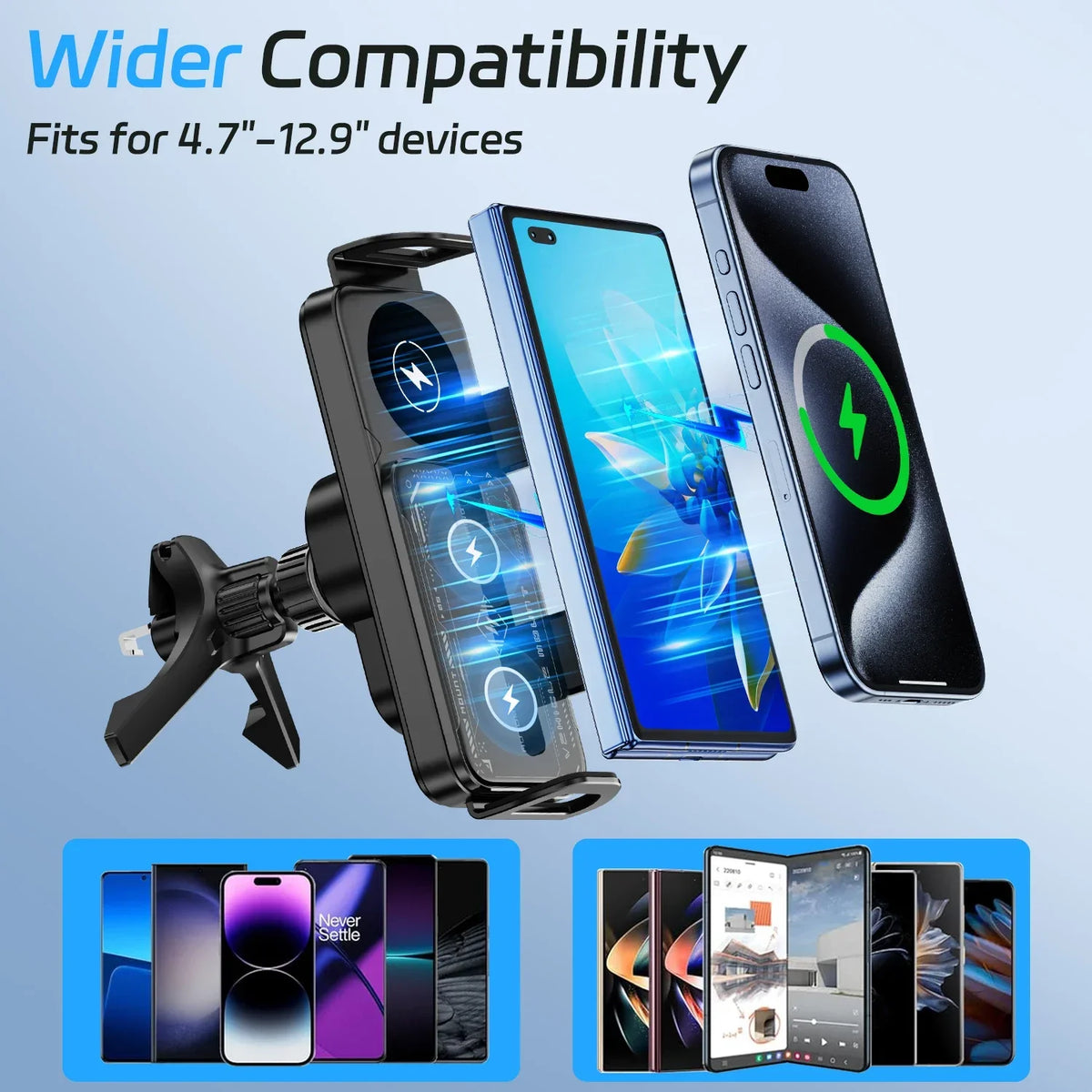 Car Wireless Charger Stand Fold Screen Fast Charging For Samsung Galaxy Z Fold 6 5 4 S24 Ultra iPhone 16 15 14 Pro Phone Holder