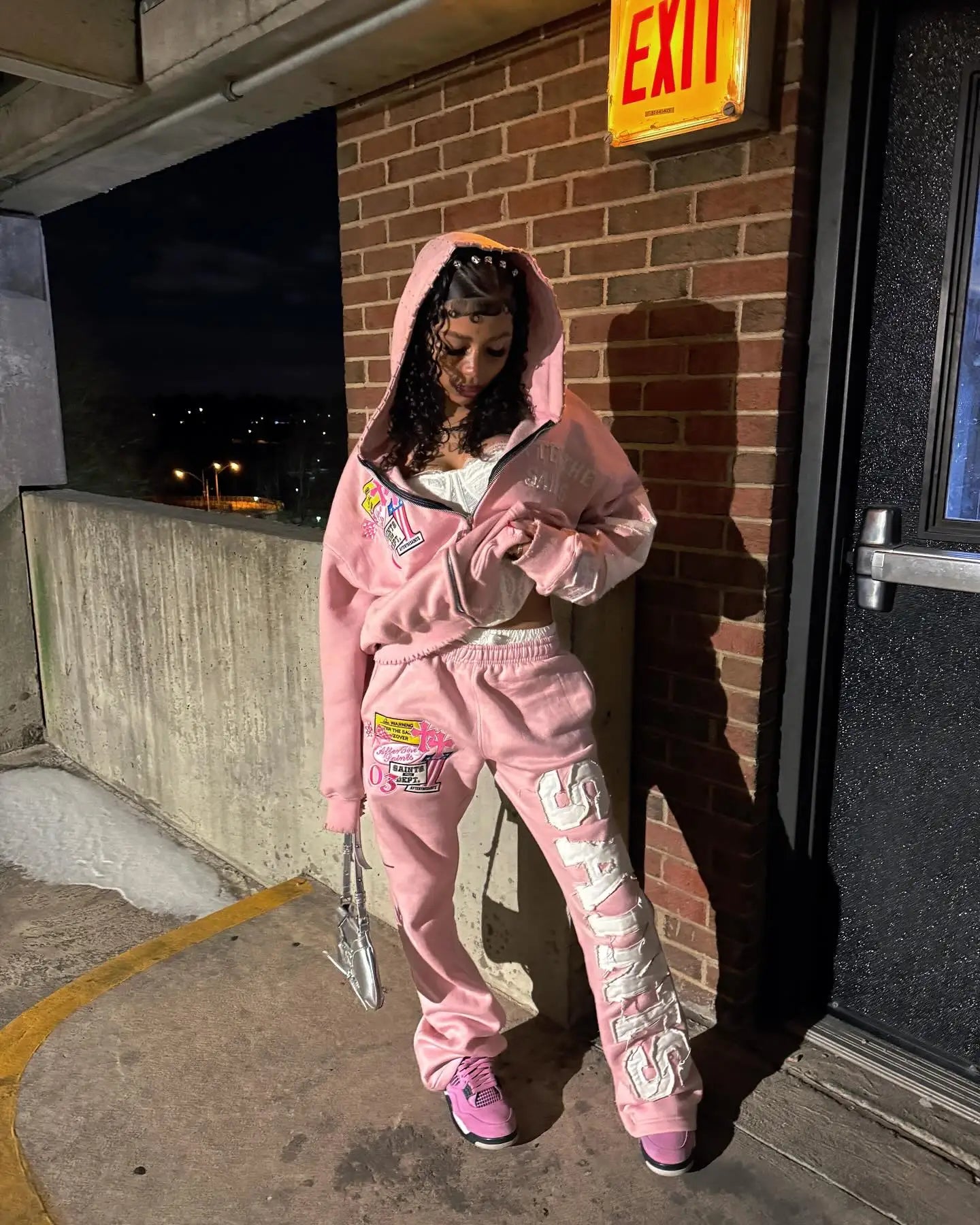 American Vintage Pink Hooded Zip Up Sweatshirt Set Side Letter Print Streetwear Hip Hop Fashion Casual Set Women's Streetwear