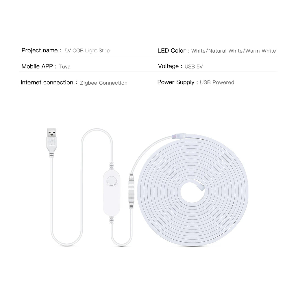 ZigBee Wifi COB LED Strip Smart Tuya Alexa Lights USB 5V Dimmable Neon LED Tape With LED Dimmer Controller Room Kitchen Decor