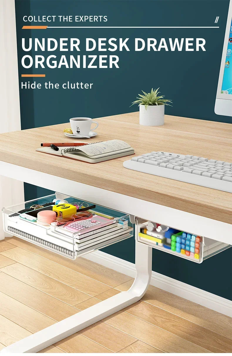 Transparent Under Desk Drawer Self Stick Hidden Storage Tray Quiet Pull Out Desk Organizer Accessory