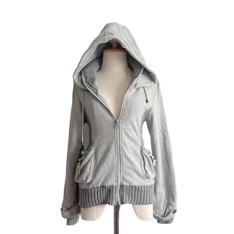 New Gothic Pattern Sweatshirt Hoodie Versatile Fashion Cardigan Casual Hoodie Women Solid Color Pleated Slim Top Winter Retro