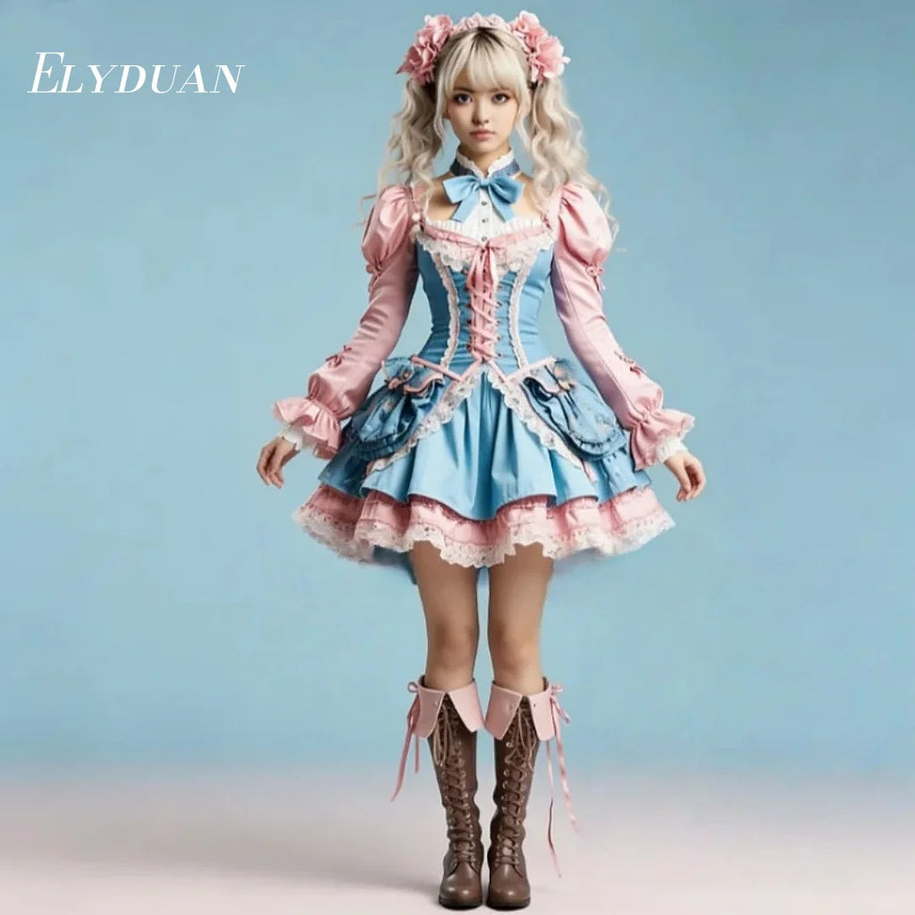 Y2K Pink Blue Lolita Prom Dress with Pockets Long Puff Sleeve