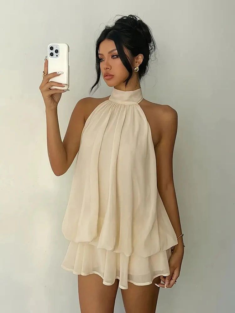 Women Halter Neck Backless Tie Mini Dress Summer Sleeveless