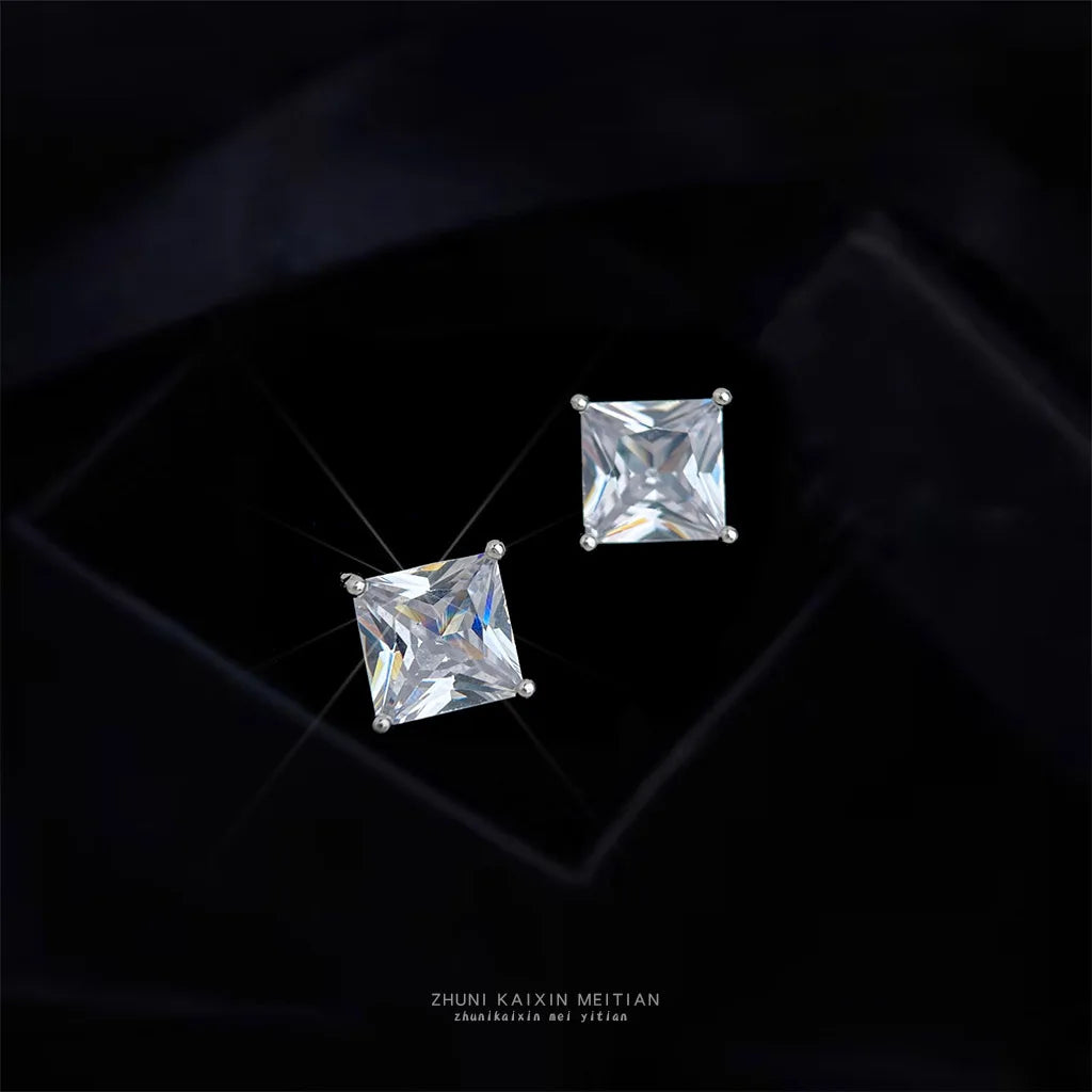 Copper Base Princess Cut Cubic Zirconia Stud Earrings, Silver Plated Square Solitaire CZ Earrings for Women Fashion Jewelry