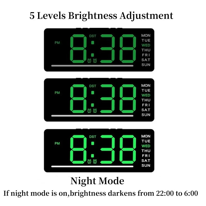 USB Powered Digital Alarm Clock TEMP Date Week Dual Alarm 5 Levels Brightness Snooze Table Clock 12/24H Night Mode LED Clock