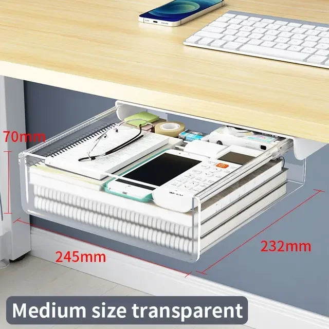 Transparent Under Desk Drawer Self Stick Hidden Storage Tray Quiet Pull Out Desk Organizer Accessory