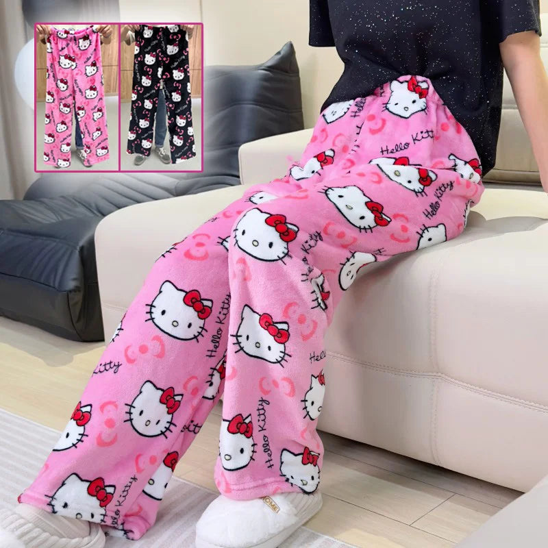 Hello Kitty Pajamas Halloween Flannel Fashion Trouserswomen Kawaii Woolen Anime Cartoon Casual Home Pants Autumn