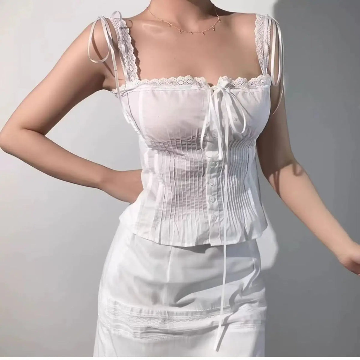 Korean Pure White Lace Vest Women Summer Tanks Bow High Waist Sexy