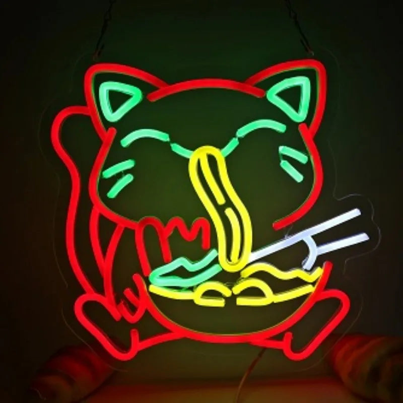 Ramen Cat Neon Sign, Bright LED for Restaurant and Cafe Decor, Japanese Kitchen Wall Art, Cat Lover Gift, Party Decoration