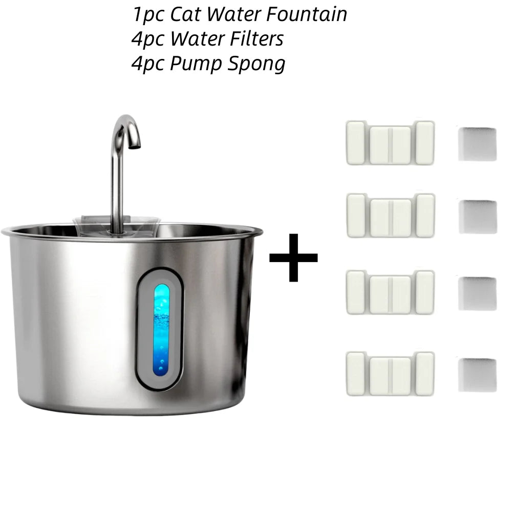 OYES 2.2L round Automatic Cat Water Fountain Stainless Steel Pet Water Feeder with Window for Dogs And Cats Pet Supplies
