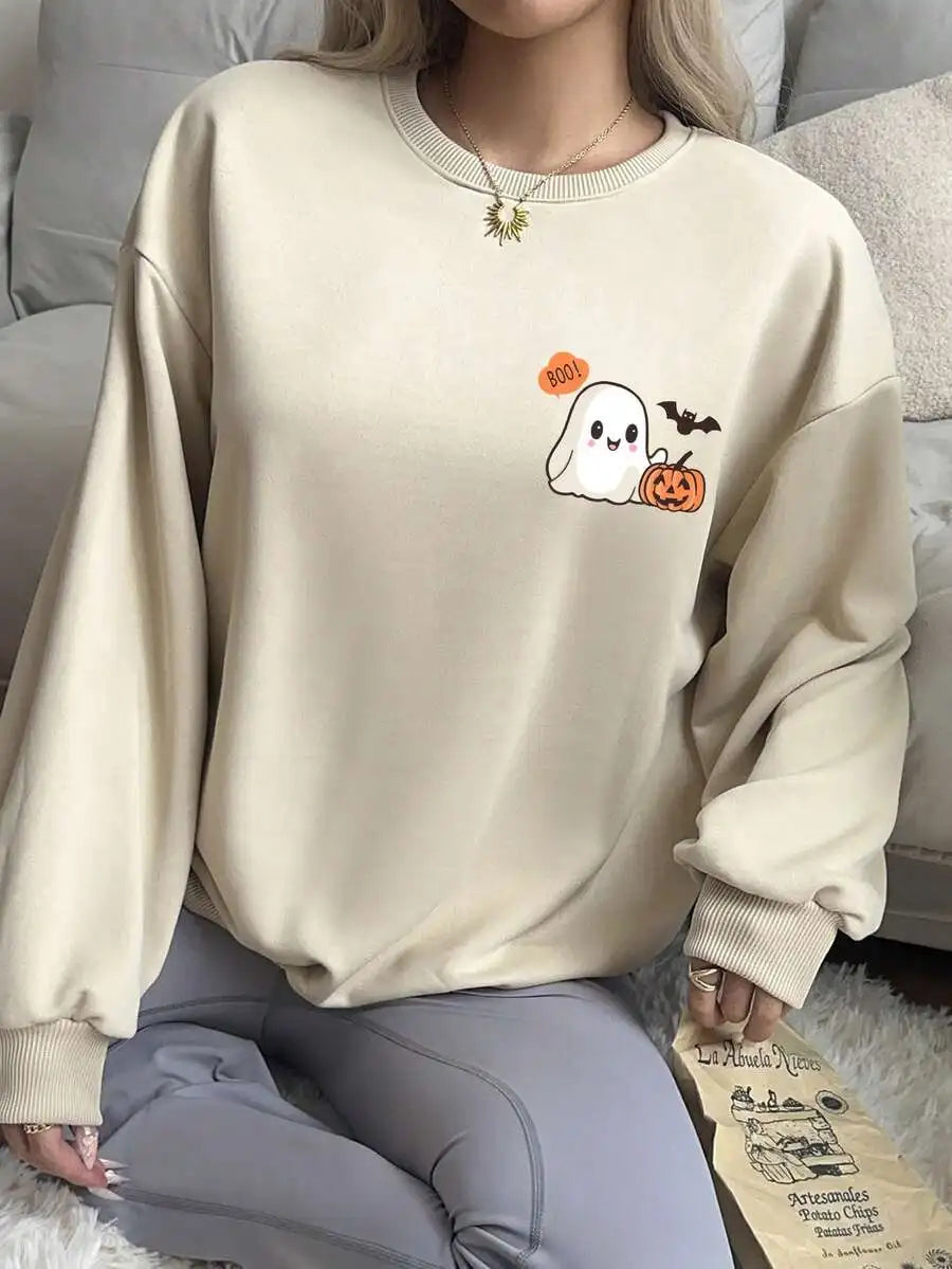 Cute Ghost Boo Sweatshirt Women Kawaii Halloween Crewneck Beige Pumpkin Graphic Pullover Fall Fleece Clothes Loose Fitting