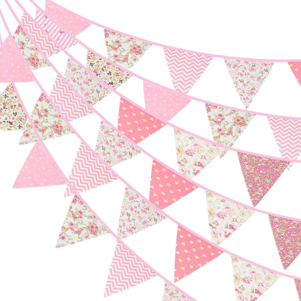 33Ft Floral Fabric Bunting Banner Cotton Rustic Flowers Triangle