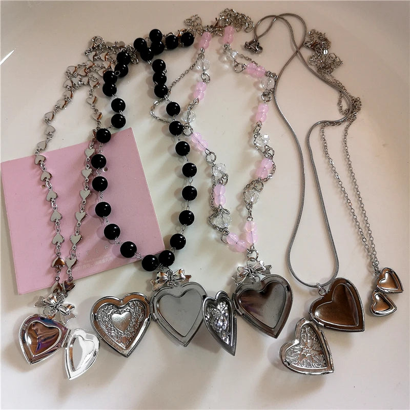 Goth Y2K Aesthetic Heart Locket Pendant Open Female Silver Color