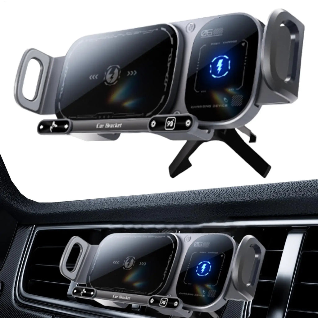 2 in 1 Car Air Vent Wireless Charger Phone Holder 15W Fast Charge Double Coil Mount for iPhone Foldable Phone Tablet Navigation
