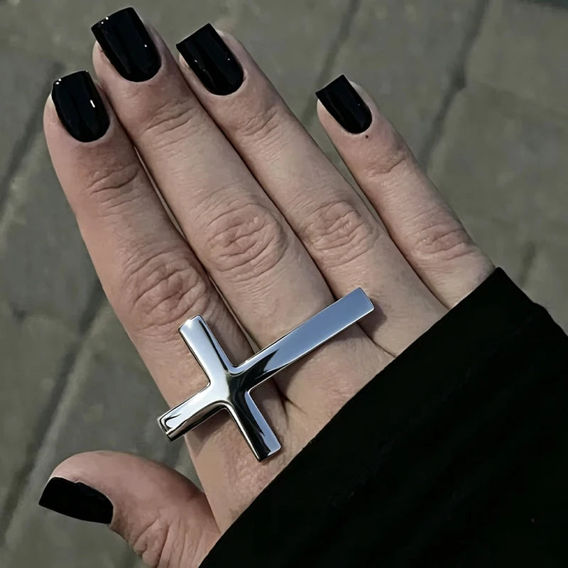 Vintage Y2K Fashion Double Circle Cross Ring Finger Crossed Punk