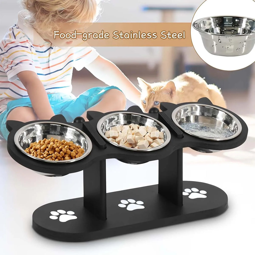 Elevated Cat Bowls Raised Cat Food Bowls 15° Tilted Pet Bowl With 3 Stainless Steel Bowls Wood Bracket For Cats Puppy Small Dogs