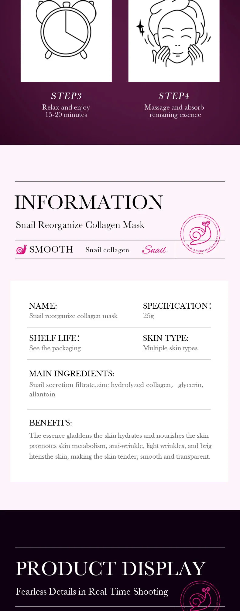 5pcs SADOER Snail Collagen Face Mask Firming Moisturizing Brightening Hydrating Facial Masks Beauty Face Skin Care Products